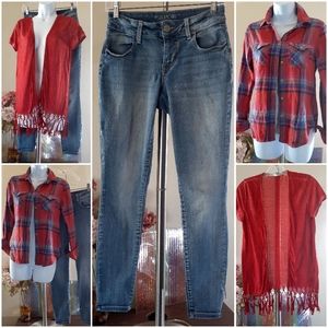 American Eagle Flannel Shirt Jacket + Fringe Cardigan + Crop Jeans XS Short